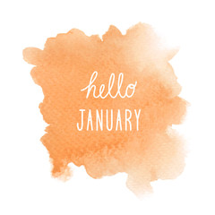 Naklejka na ściany i meble Hello January greeting with orange watercolor background