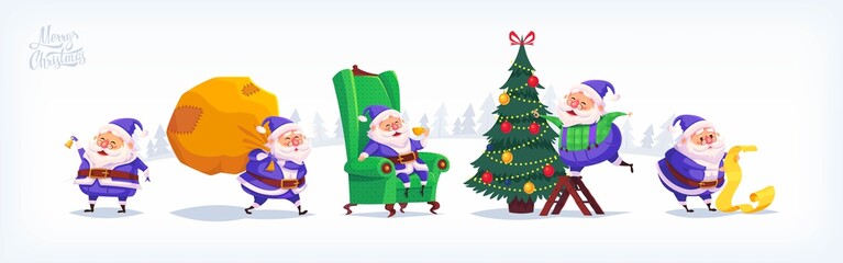 Collection of cartoon vector blue suit Santa Claus icons. Christmas illustration