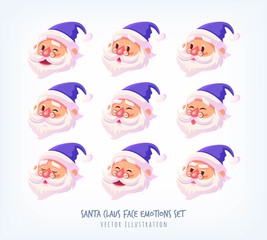 Set of blue suit Santa Claus face emotions icons Cute cartoon faces collection Merry Christmas vector illustration