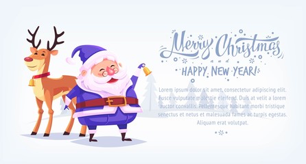 Cute cartoon blue suit Santa Claus ringing bell with reindeer Merry Christmas vector illustration horizontal banner