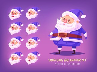 Set of blue suit Santa Claus face emotions icons Cute cartoon faces collection Merry Christmas vector illustration