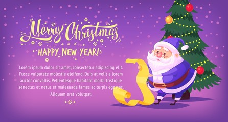 Cute cartoon blue suit Santa Claus reading gift list Merry Christmas vector illustration Greeting card poster horizontal banner