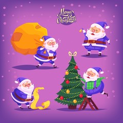 Obraz na płótnie Canvas Collection of cartoon vector blue suit Santa Claus icons. Christmas illustration