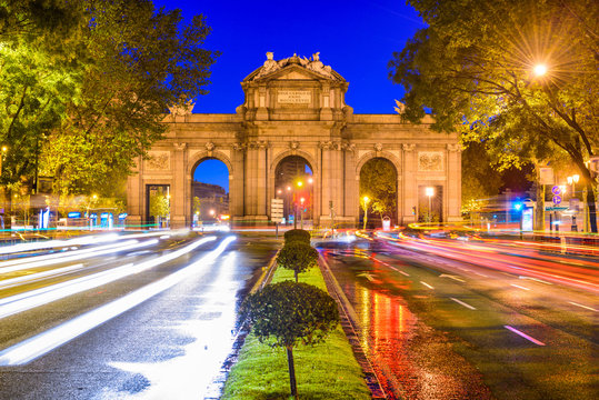 Madrid, Spain cityscape at Puerta de Alcala Gate and Calle de Alcala.