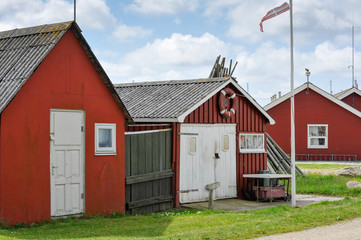 Fischerhütten im Hafen von Ringköbing, Jütland, Dänemark
