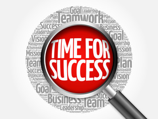 Time for Success word cloud with magnifying glass, business concept 3D illustration