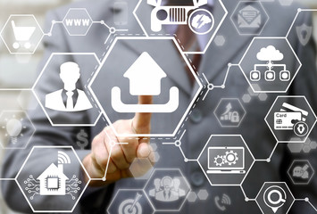 Businessman touched upload icon. Business iot smart house concept. Concept web site, arrow up,...