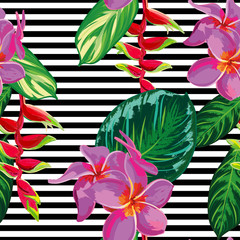 Beautiful seamless tropical jungle floral pattern background with palm leaves and flowers. Abstract striped geometric texture. Vector illustration.