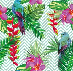Beautiful seamless tropical jungle floral pattern background with palm leaves, flowers and beautiful exotic parrots. Vector illustration. Abstract striped geometric texture