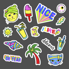 Fashion quirky cartoon doodle patch badges with cute elements. Set of stickers in comic style 80s 90s. Cats, palm, ice-cream, coctail. Eps 10