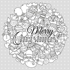 Merry christmas set of xmas monochrome pattern and text templates. Holiday greeting cards, coloring book page.