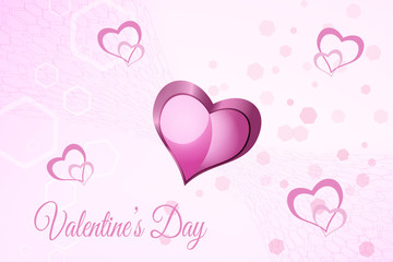 Vector Valentine's Day pink background with hexagon patterns and heart objects.
