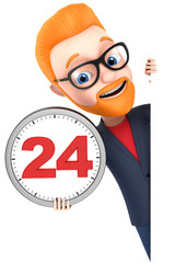 Cheerful businessman with a clock. 3d render illustration.