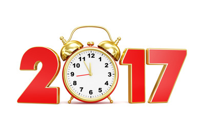 New 2017 and an alarm clock on a white background. 3D rendered I