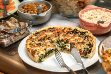 Bowls with various food in self service restaurant