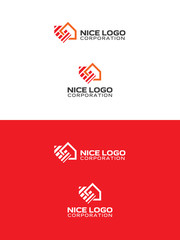 logo of house with roof, tag and red arrow