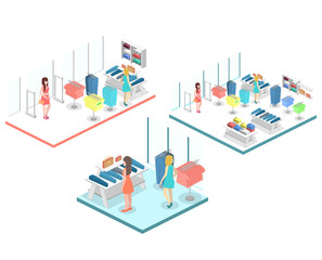 Isometric infographic flat 3D interior of clothing store inside.