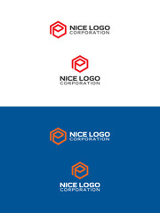 Fototapeta premium red and orange e hexagon logo, packaging, shipping and delivery logotype