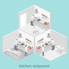 Fototapeta na wymiar Isometric flat 3D interior of professional restaurant kitchen