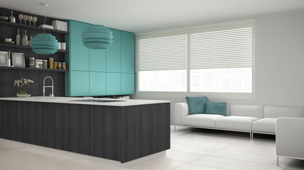 Minimalistic gray kitchen with wooden and turquoise details, min