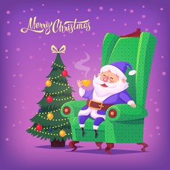 Cute cartoon blue suit Santa Claus sitting in chair drinking tea Merry Christmas vector illustration Greeting card poster
