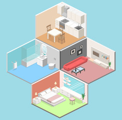 Isometric flat 3D concept vector interior of studio apartments