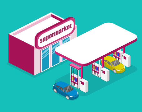 Isometric flat 3D vector outside Gas station, petrol station
