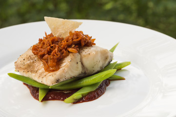 Cooked fish with steamed asparagus, vegetable ragout, tomato sauce and potato chips. Against the background of foliage. Close-up