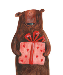 Bear with gift with hearts. Hand drawing illustration - 130233508