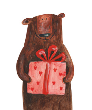 Bear with gift with hearts. Hand drawing illustration