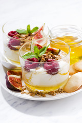 sweet yogurt with honey, raspberries and fresh figs, vertical