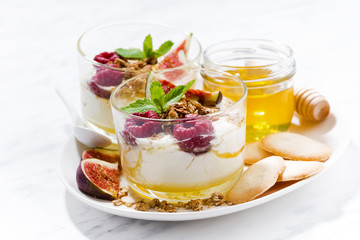 sweet yogurt with honey, raspberries and fresh figs