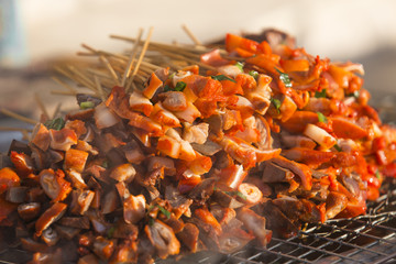 Myanmar street food, Pork offal skewers with hot soup