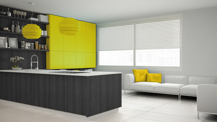 Minimalistic gray kitchen with wooden and yellow details, minima