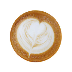 Top view of hot coffee latte cappuccino  with heart shaped foam