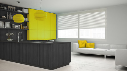 Minimalistic gray kitchen with wooden and yellow details, minima