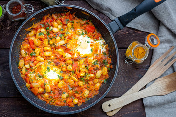 Top View of Traditional Israeli Breakfast Dish Shakshuka, Horizontal View
