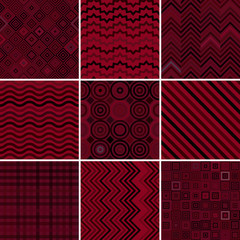 Set of abstract dark red background, 9 geometric pattern, vector illustration. Texture can be used for printing onto fabric and paper.