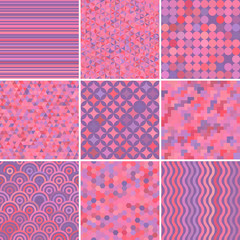 Set of abstract pink background, 9 geometric pattern, vector illustration. Texture can be used for printing onto fabric and paper.