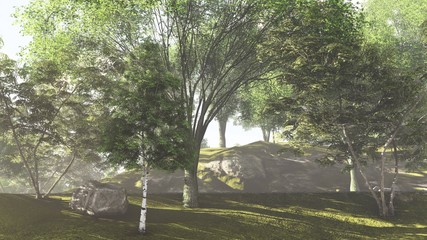Forest at the lake shore in summer 3d rendering