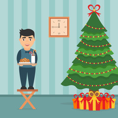 Festive interior of the room. Elegant tree and gifts cute boy with milk and cookies for Santa Claud. Merry Christmas and Happy New year. Flat design. Vector.
