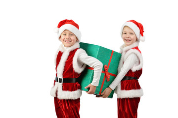 Adorable happy boys in santa clothes holding Christmas gift box. Isolated white background.