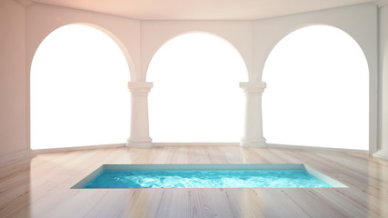 Beautiful interior with a swimming pool, and air columns. 3d ill