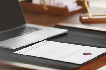 Notary workplace with laptop, closeup