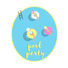 Girls with lifebuoy floating on water, vector illustration. pool party postcard, invitation poster