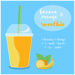 Vector illustration of Banana and Orange Smoothie recipe with ingredients. 