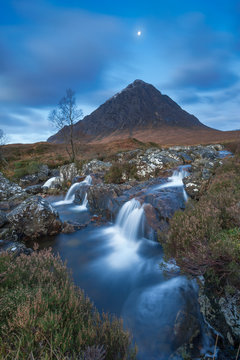 Buachaille Etive Mor mountain and creek on early morning, Scotland