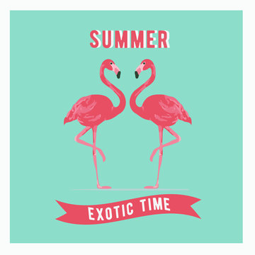 Vector illustration pink flamingo couple. Exotic bird. Summer postercard. Summer logo vector.