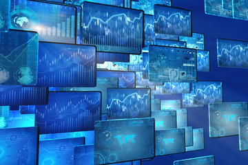 Many screen monitors with charts and graphs