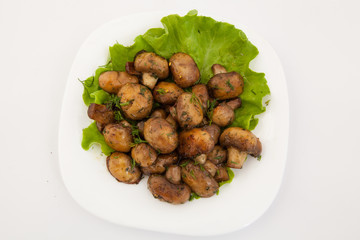 Baked mushrooms in a garlic butter with parsley. From above